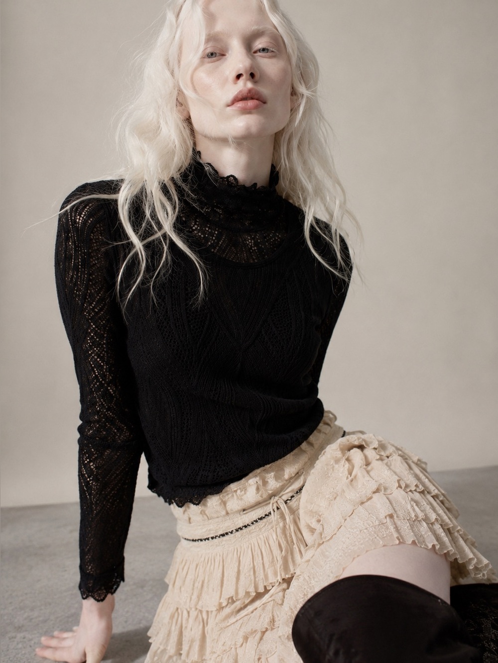 Free People Black Lace Mock Neck Top XS Victorian Gothic Romantic Sheer Boho